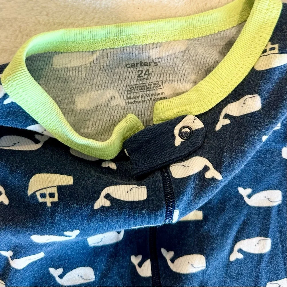 Carter's Navy and Lime Whale Print Long Sleeve One Piece - Size: 24M